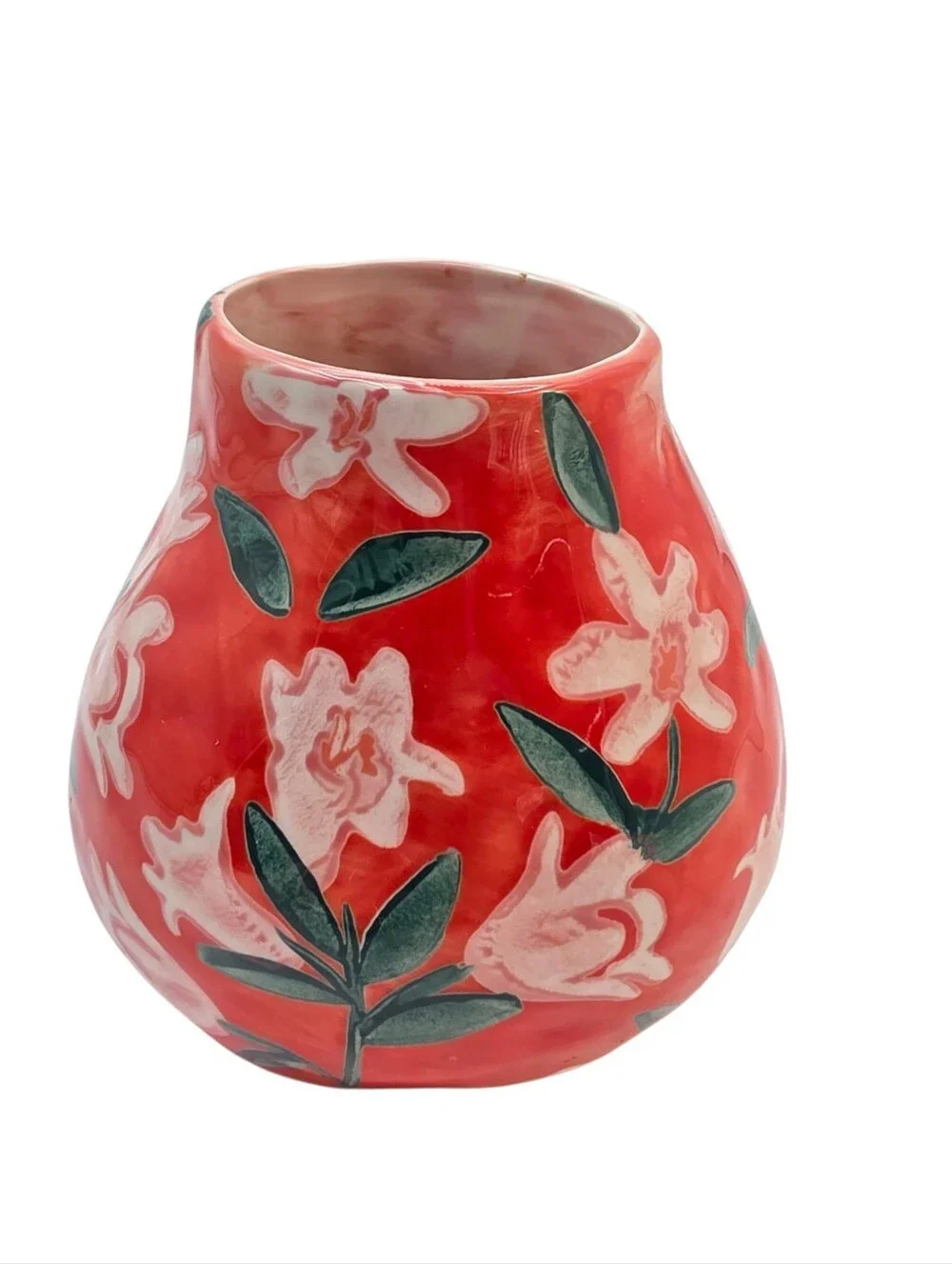 Anthropologie Leah Reena Goren Orange Floral Ceramic Vase Hand Painted Style